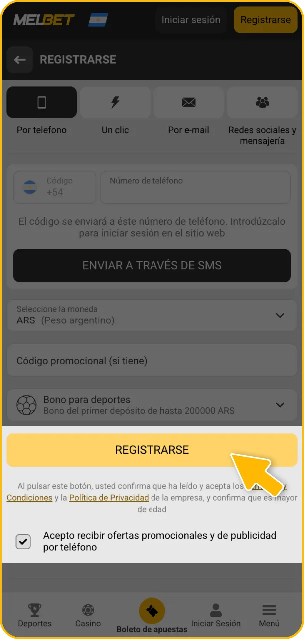 Acepta términos y finaliza tu registro en Melbet.