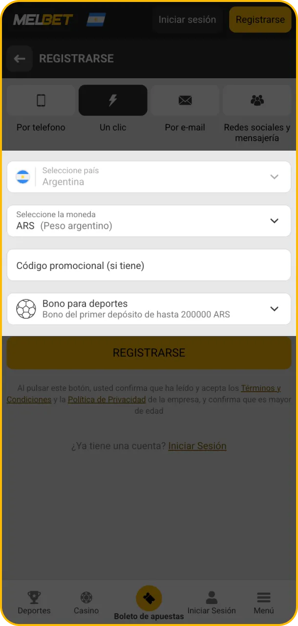 Completa tus datos y accede a Melbet.